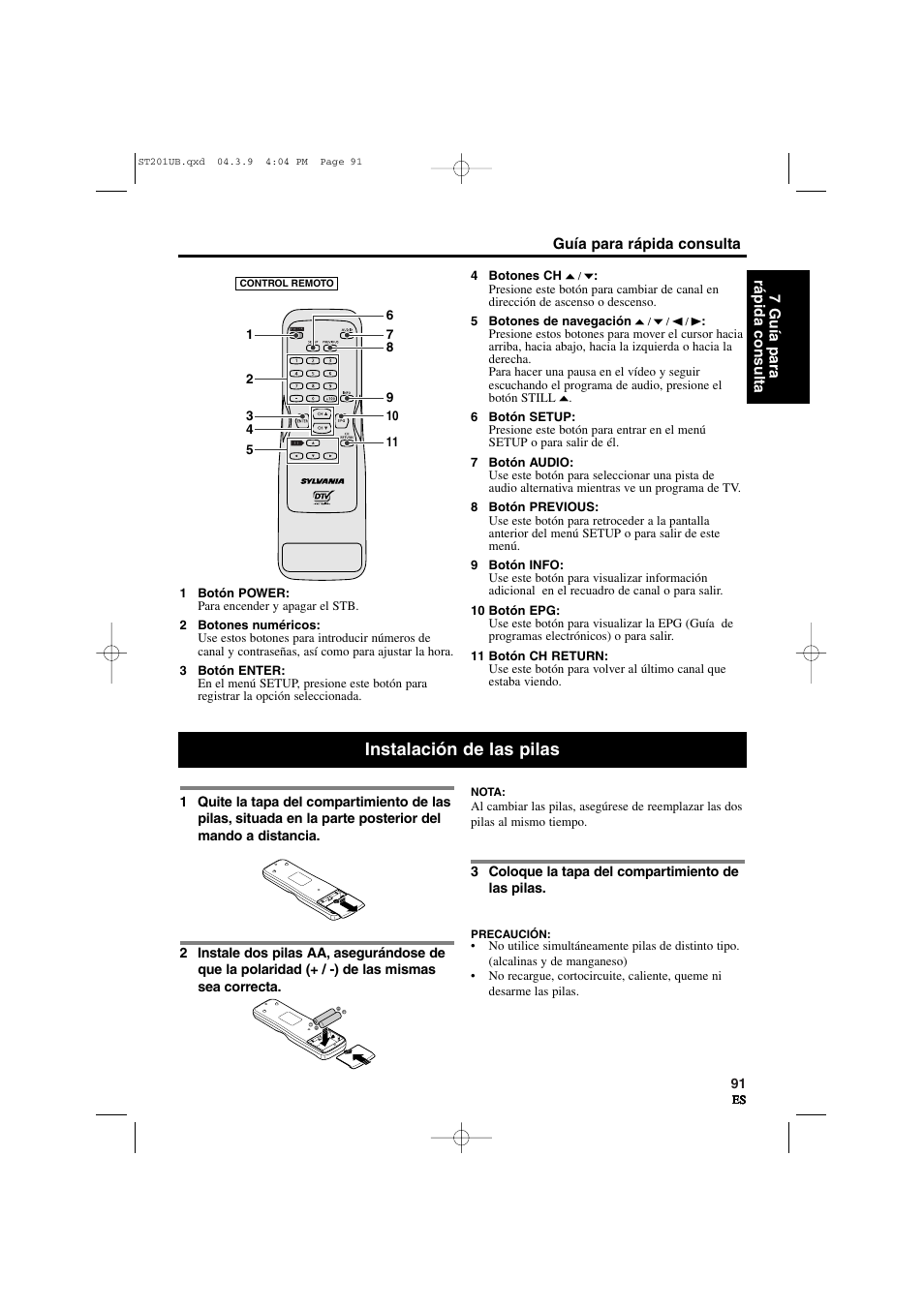 Instalación de las pilas | Sylvania 6900DTD User Manual | Page 91 / 96