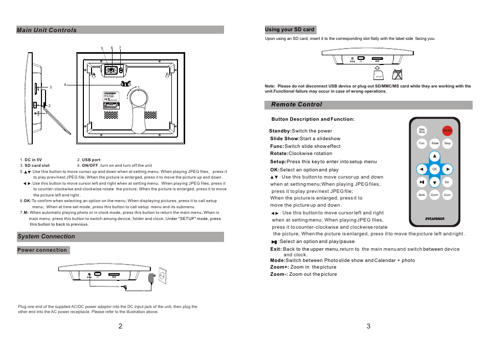 Т³гж 3, Dc i n 5 v, Dc in 5v | Sylvania SDPF872 User Manual | Page 3 / 5