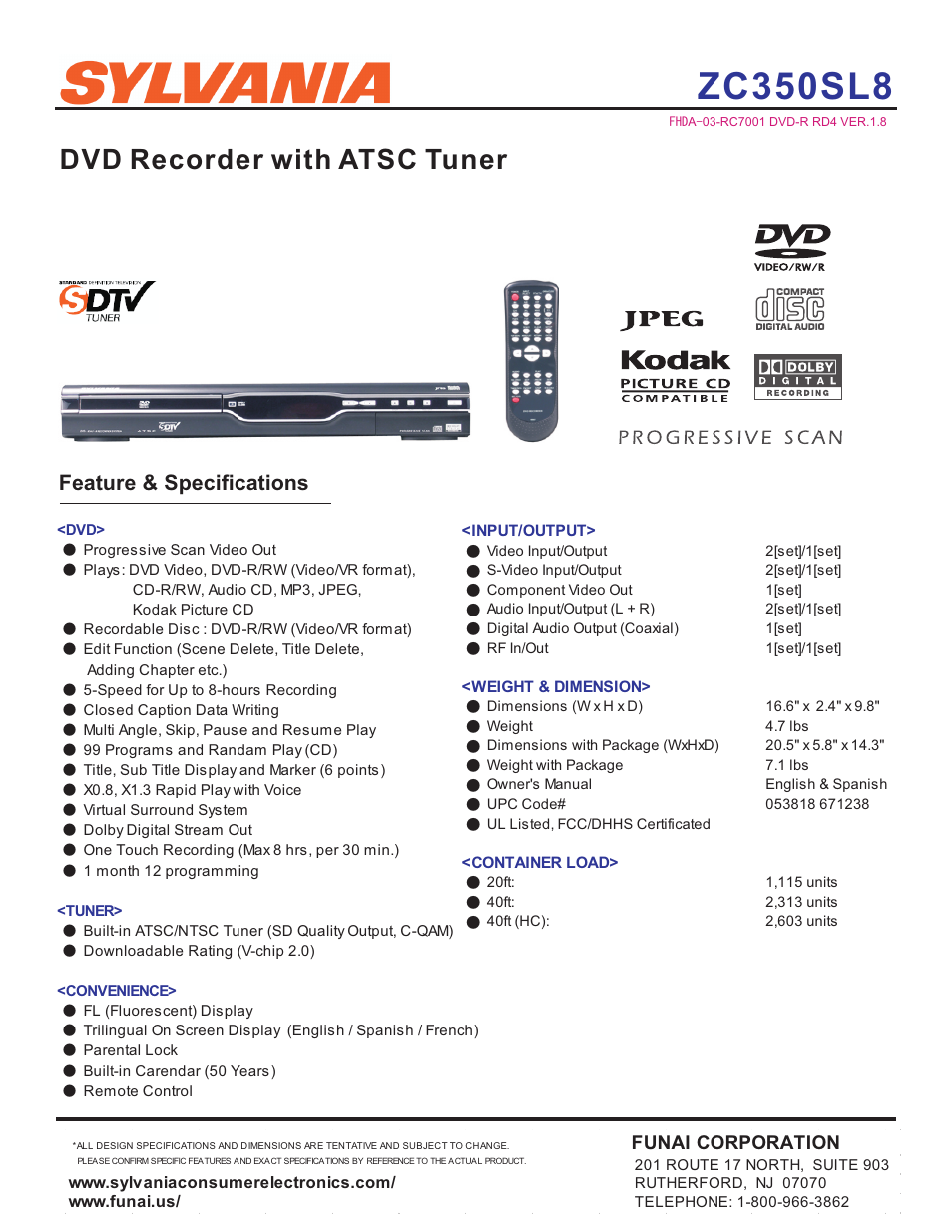 Sylvania ZC350SL8 User Manual | 1 page