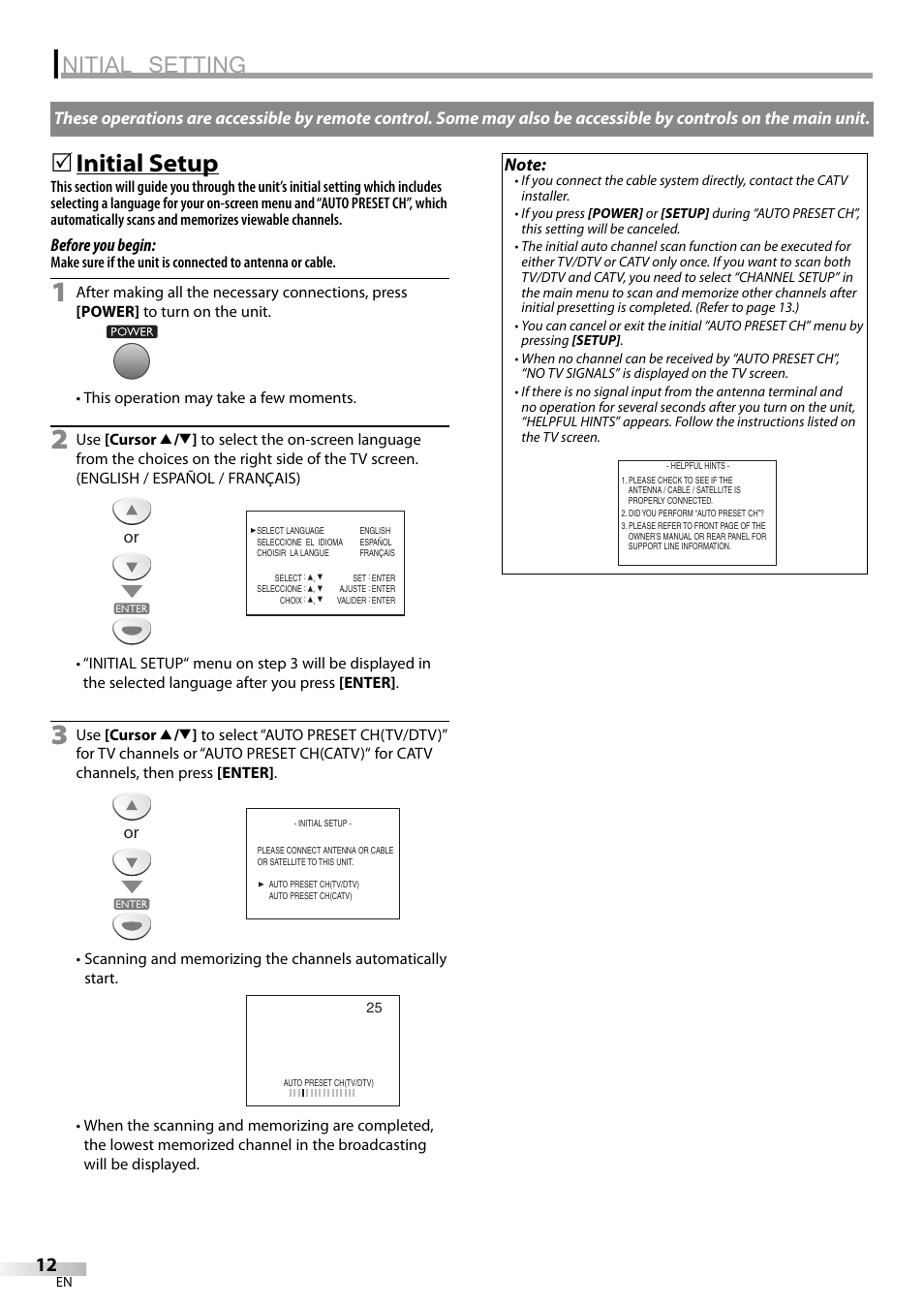 Nitial setting, Initial setup | Sylvania LC155SL8P User Manual | Page 12 / 30
