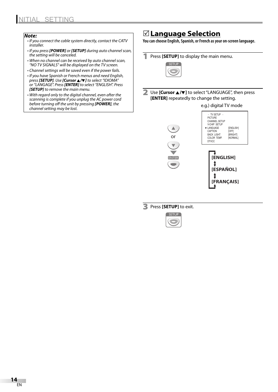 Nitial setting, Language selection | Sylvania LC155SL8P User Manual | Page 14 / 30