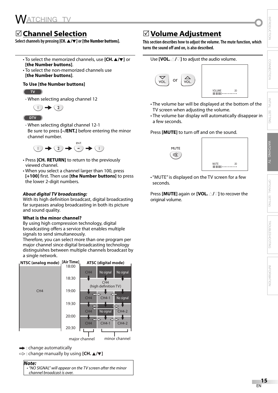 Atching tv, Channel selection, 5volume adjustment | Sylvania LC155SL8P User Manual | Page 15 / 30