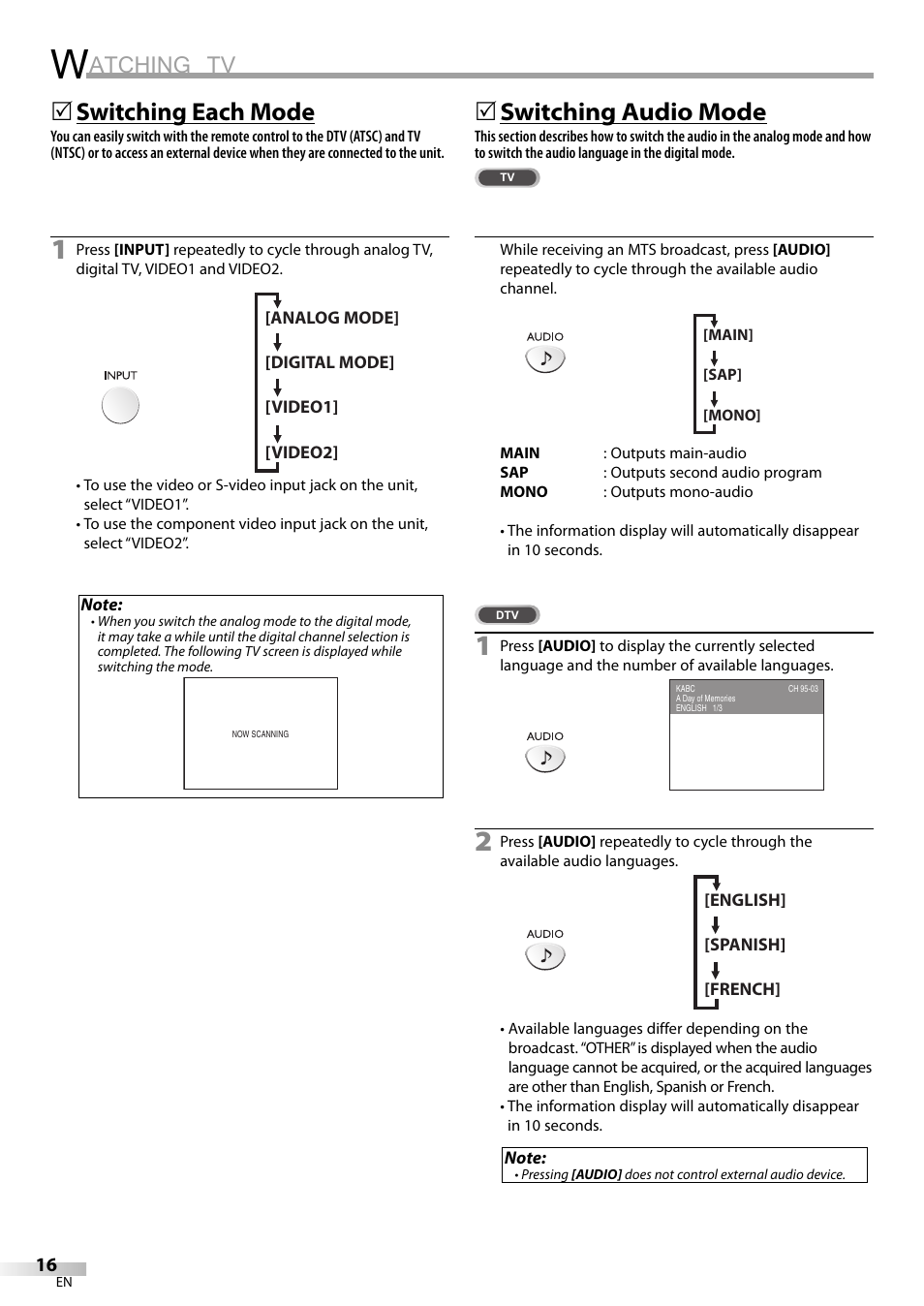 Atching tv, Switching each mode, 5switching audio mode | Sylvania LC155SL8P User Manual | Page 16 / 30