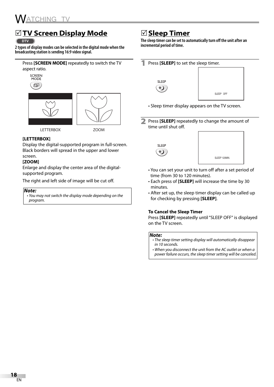 Atching tv, Tv screen display mode, 5sleep timer | Sylvania LC155SL8P User Manual | Page 18 / 30