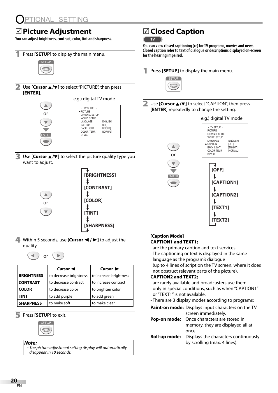 Ptional setting, Picture adjustment, 5closed caption | Sylvania LC155SL8P User Manual | Page 20 / 30