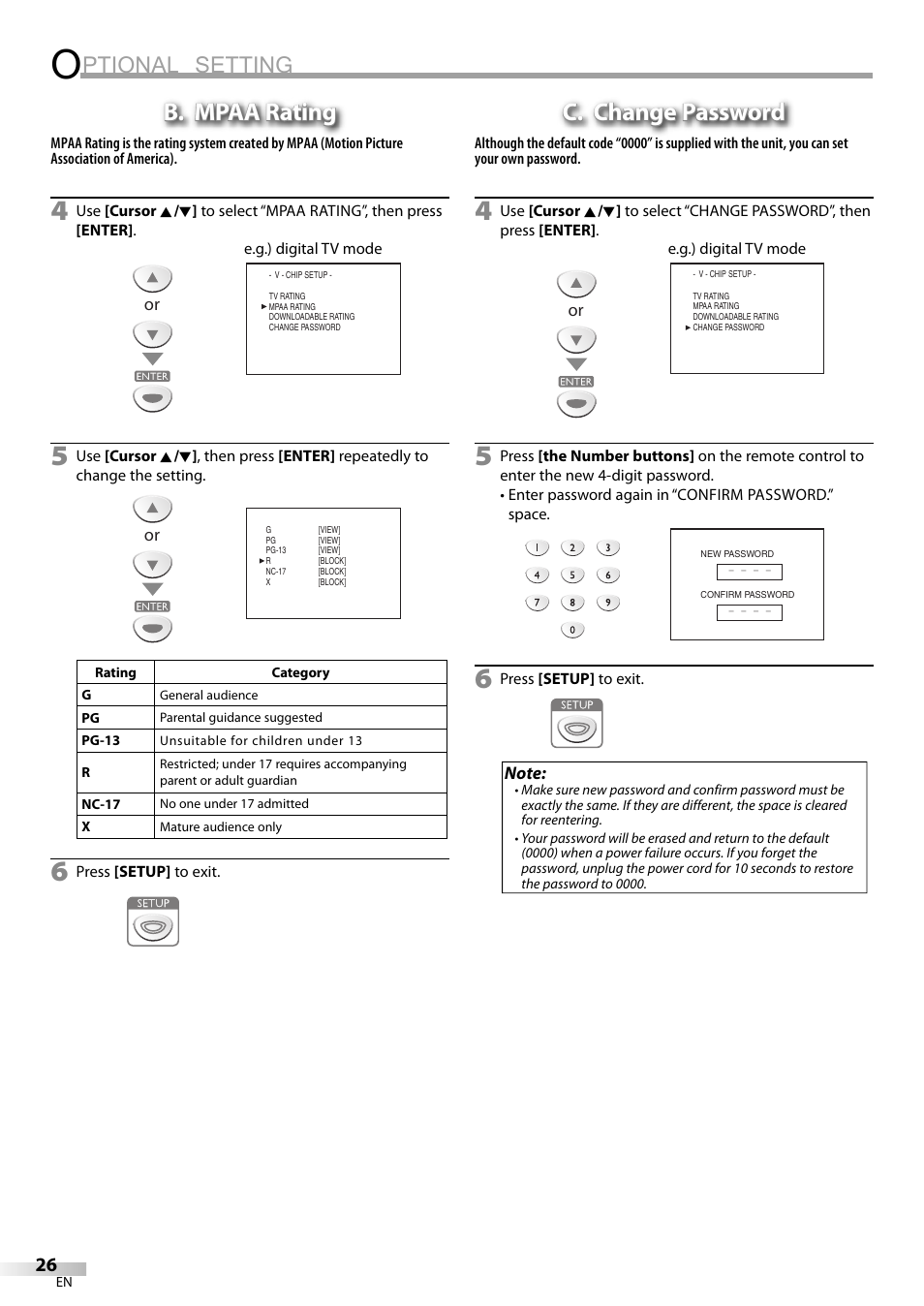 Ptional setting, B. mpaa rating, C. change password | Sylvania LC155SL8P User Manual | Page 26 / 30