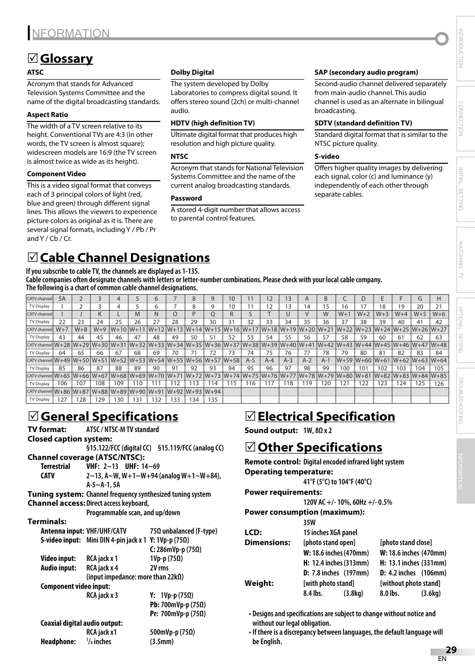 Nformation, Glossary 5, 5electrical specification | Other specifications | Sylvania LC155SL8P User Manual | Page 29 / 30