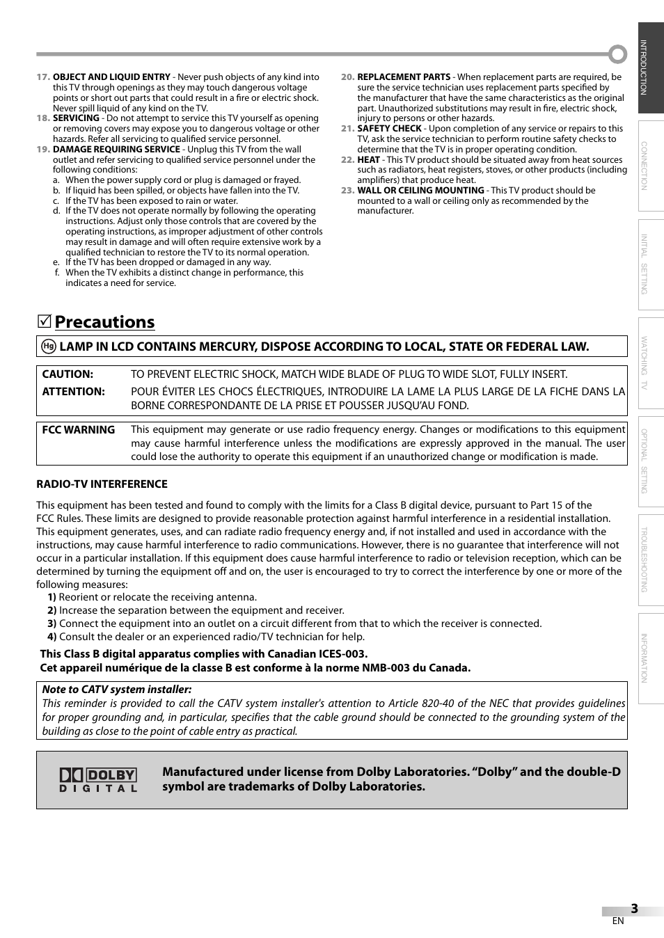 Precautions | Sylvania LC155SL8P User Manual | Page 3 / 30