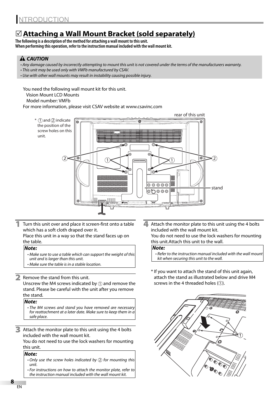 Ntroduction, Attaching a wall mount bracket (sold separately) | Sylvania LC155SL8P User Manual | Page 8 / 30