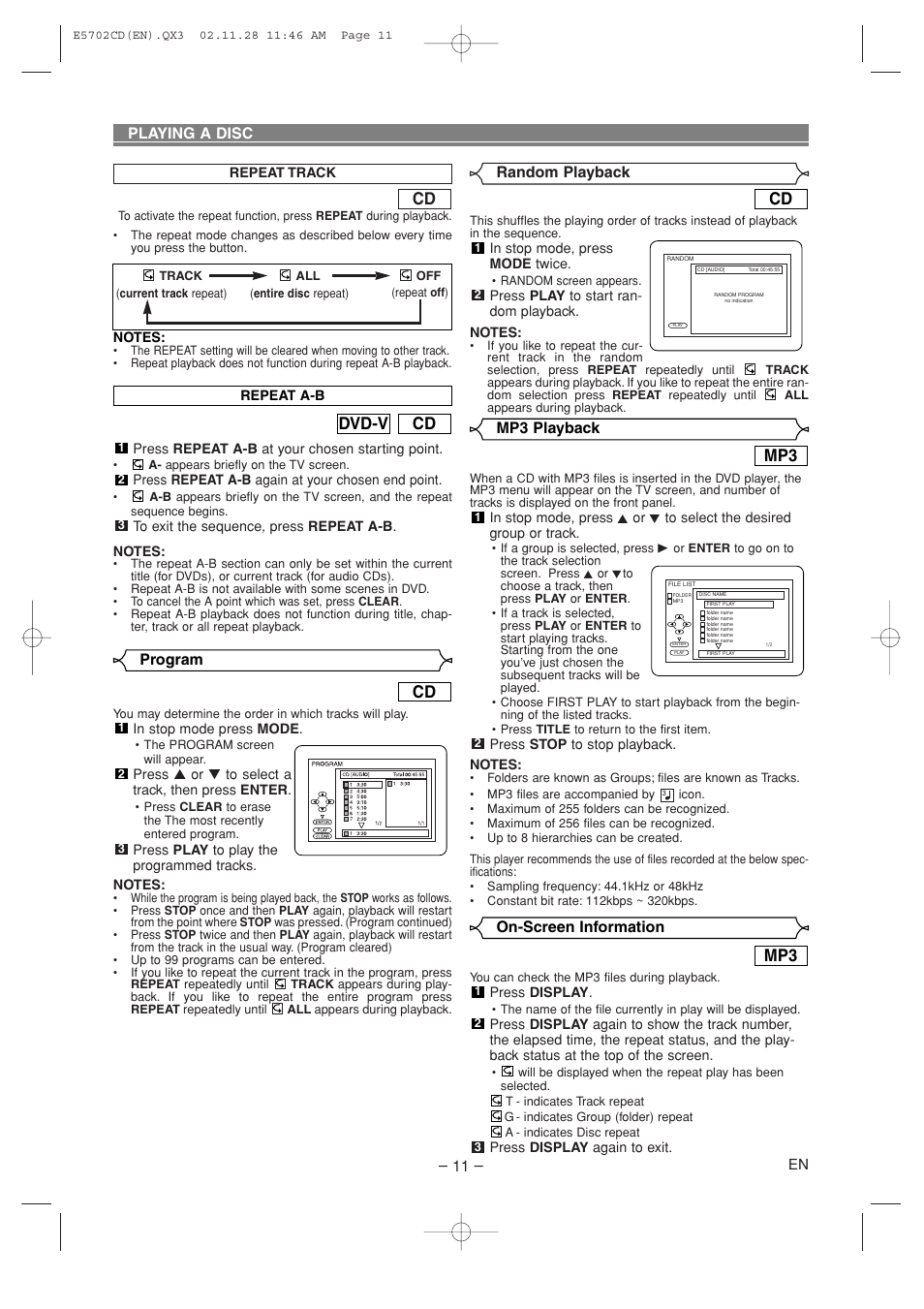 Cd dvd-v, On-screen information, Mp3 playback | Program – 11, Playing a disc, Random playback | Sylvania CDVL100D User Manual | Page 11 / 20