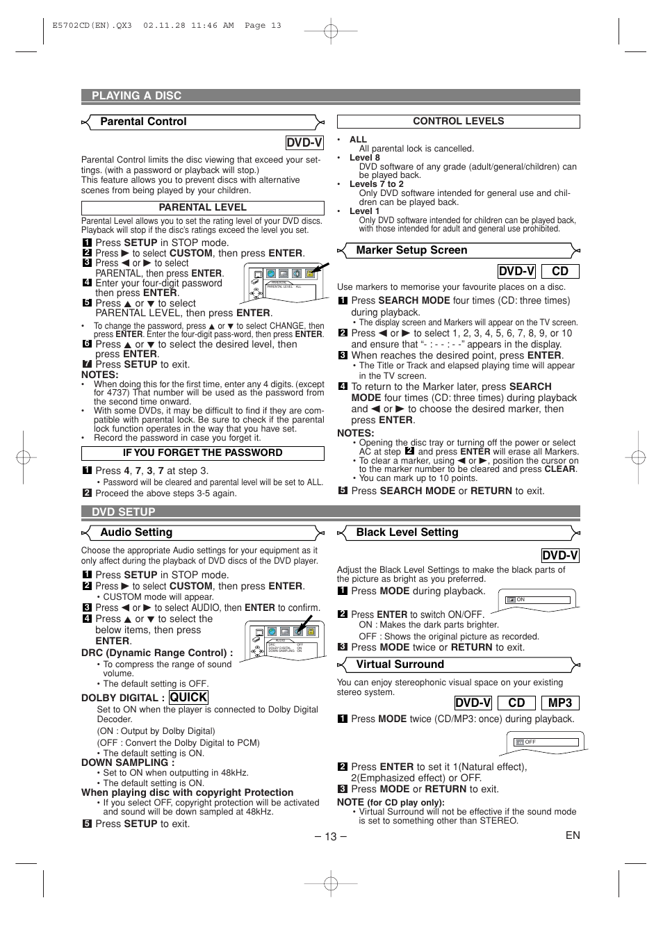 Dvd-v, Mp3 cd dvd-v, Cd dvd-v | Quick, Black level setting, Virtual surround – 13, Playing a disc, Marker setup screen dvd setup audio setting, Parental control | Sylvania CDVL100D User Manual | Page 13 / 20