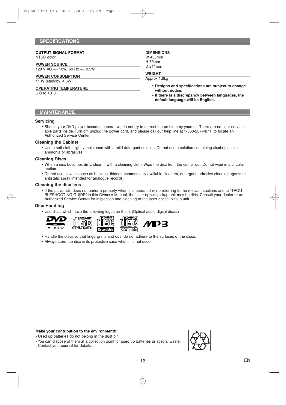 Sylvania CDVL100D User Manual | Page 16 / 20