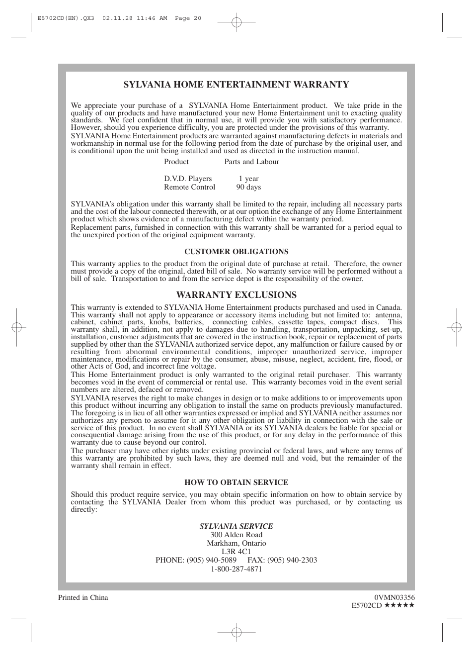 Sylvania CDVL100D User Manual | Page 20 / 20