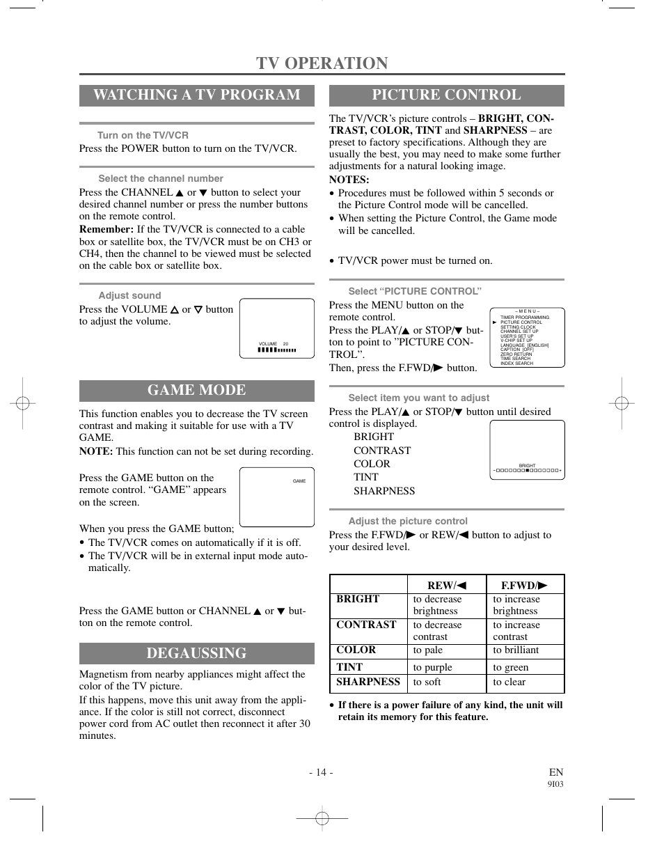 Tv operation, Watching a tv program, Game mode | Picture control, Degaussing | Sylvania WSSC132 User Manual | Page 14 / 32