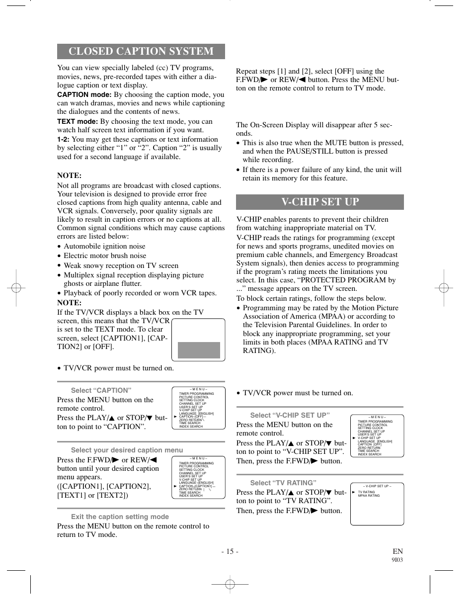 Closed caption system, V-chip set up, When the closed caption mode is on | Tv rating set up | Sylvania WSSC132 User Manual | Page 15 / 32