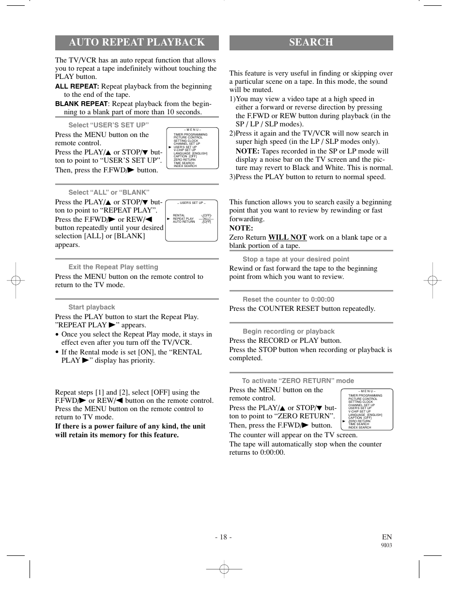 Search, Auto repeat playback, Picture search | Zero return | Sylvania WSSC132 User Manual | Page 18 / 32