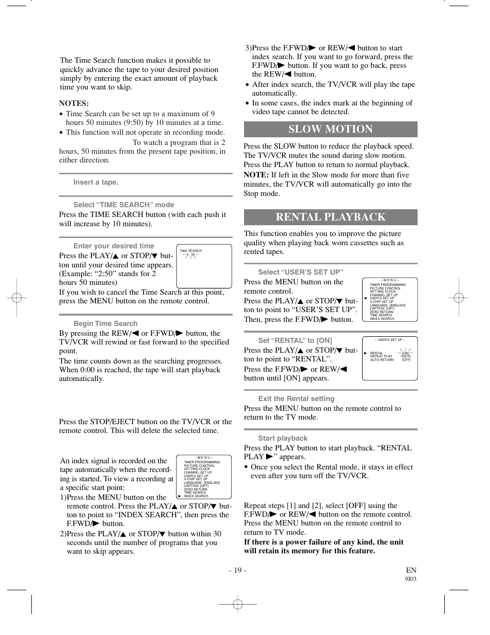 Rental playback, Slow motion, Time search | Index search | Sylvania WSSC132 User Manual | Page 19 / 32