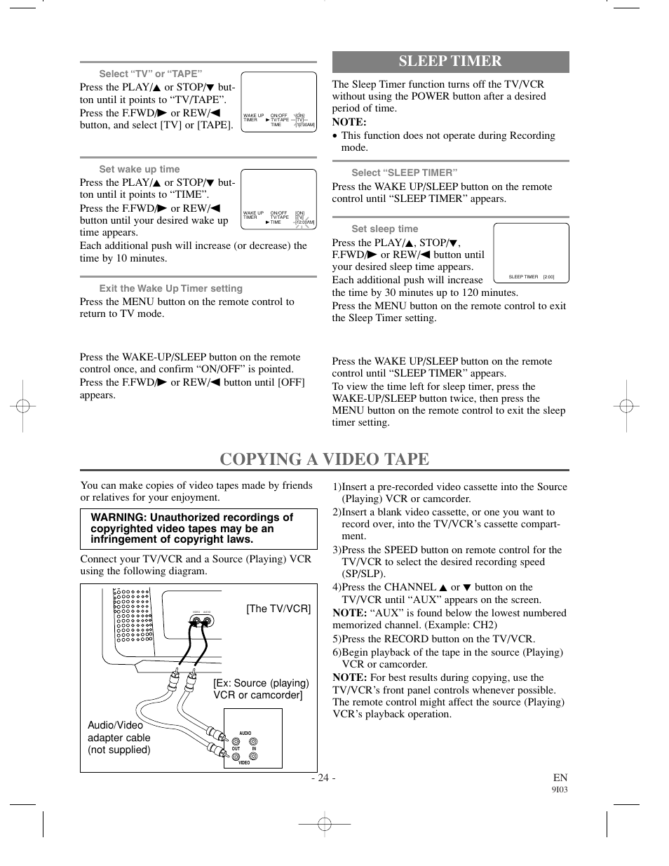 Copying a video tape, Sleep timer | Sylvania WSSC132 User Manual | Page 24 / 32