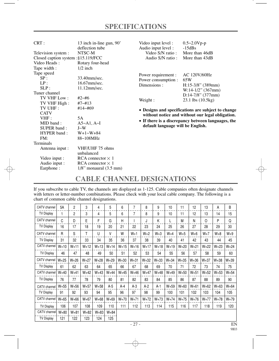 Specifications, Cable channel designations, General specifications | Electrical specifications, Other specifications | Sylvania WSSC132 User Manual | Page 27 / 32