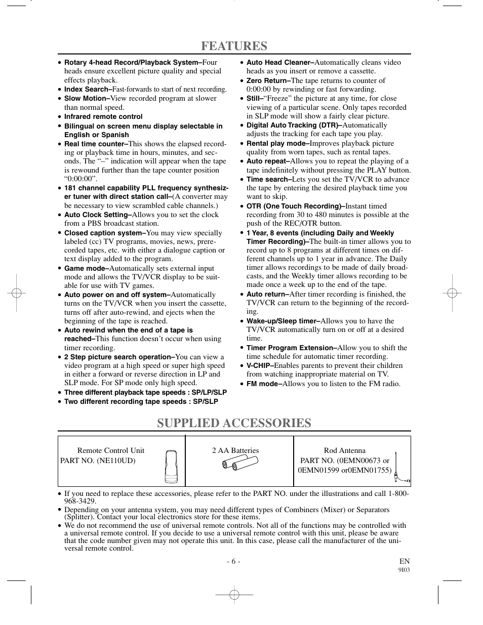 Features, Supplied accessories | Sylvania WSSC132 User Manual | Page 6 / 32