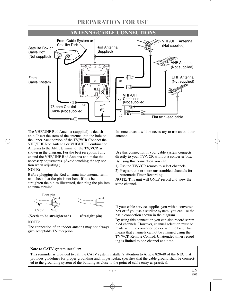 Preparation for use, Antenna/cable connections | Sylvania WSSC132 User Manual | Page 9 / 32