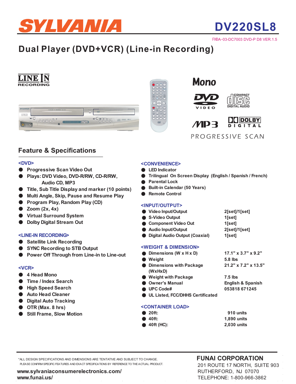 Sylvania dv220sl8 User Manual | 1 page