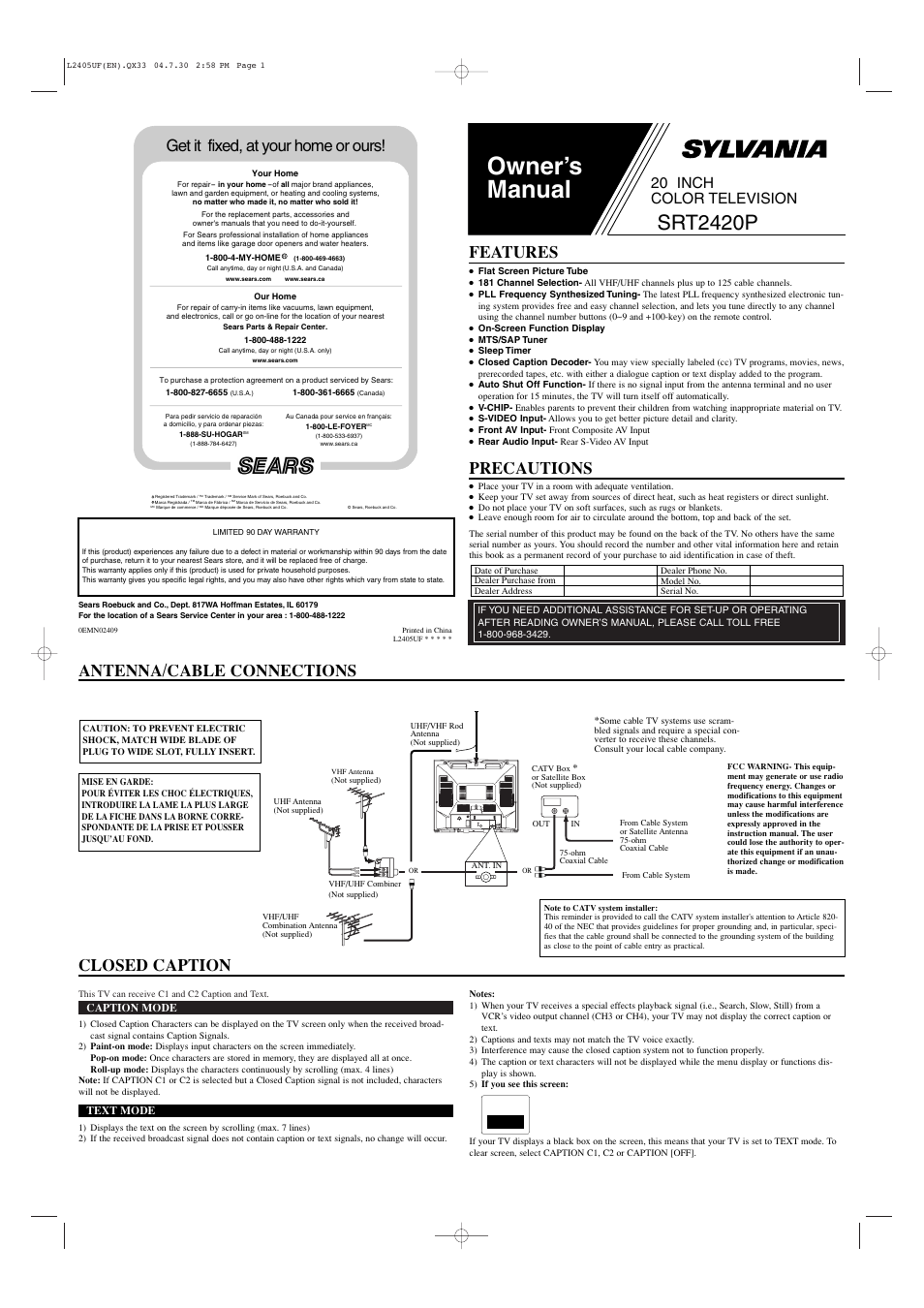 Sylvania SRT2420P User Manual | 8 pages