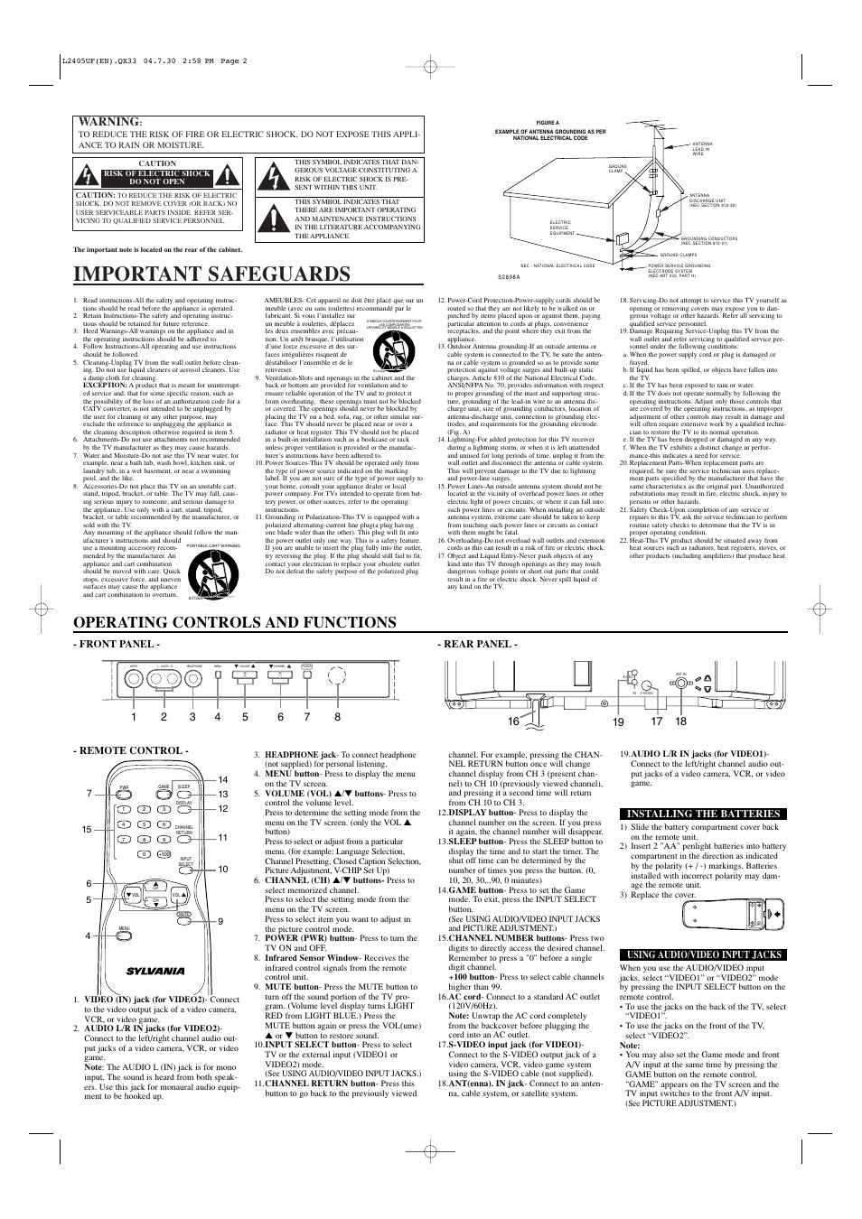 Important safeguards, Operating controls and functions, Warning | Sylvania SRT2420P User Manual | Page 2 / 8