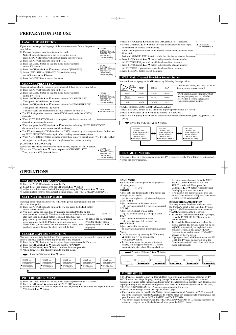 Preparation for use, Operations | Sylvania SRT2420P User Manual | Page 3 / 8