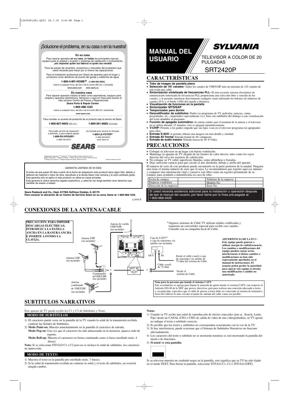 Manual del usuario, Srt2420p, Conexiones de la antena/cable precauciones | Características, Subtitulos narrativos, Solucione el problema, en su casa o en la nuestra, Televisor a color de 20 pulgadas, Modo de subtítulos, Modo de texto | Sylvania SRT2420P User Manual | Page 5 / 8