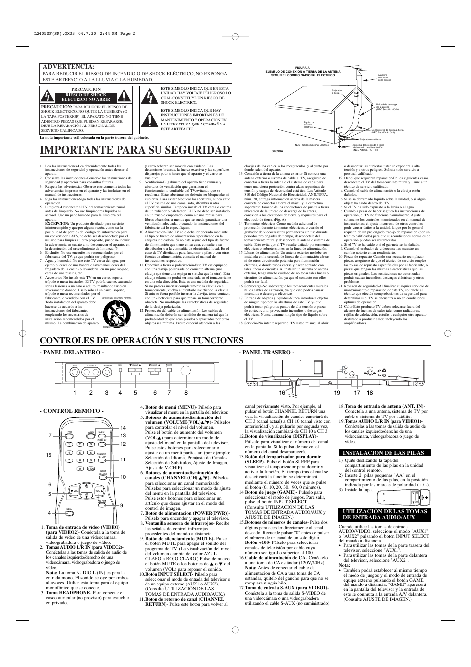 Importante para su seguridad, Controles de operación y sus funciones, Advertencia | Sylvania SRT2420P User Manual | Page 6 / 8