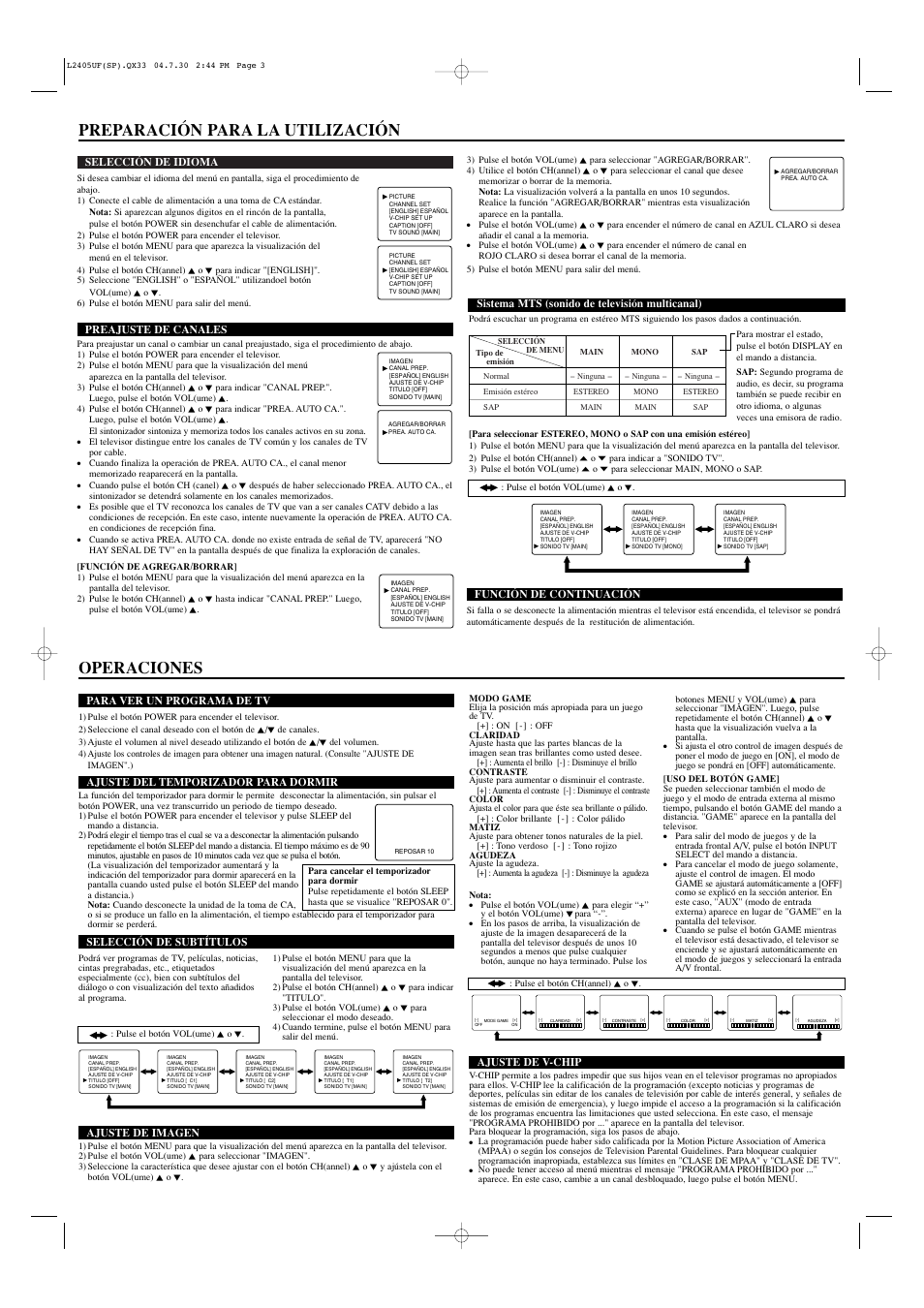 Preparación para la utilización, Operaciones | Sylvania SRT2420P User Manual | Page 7 / 8