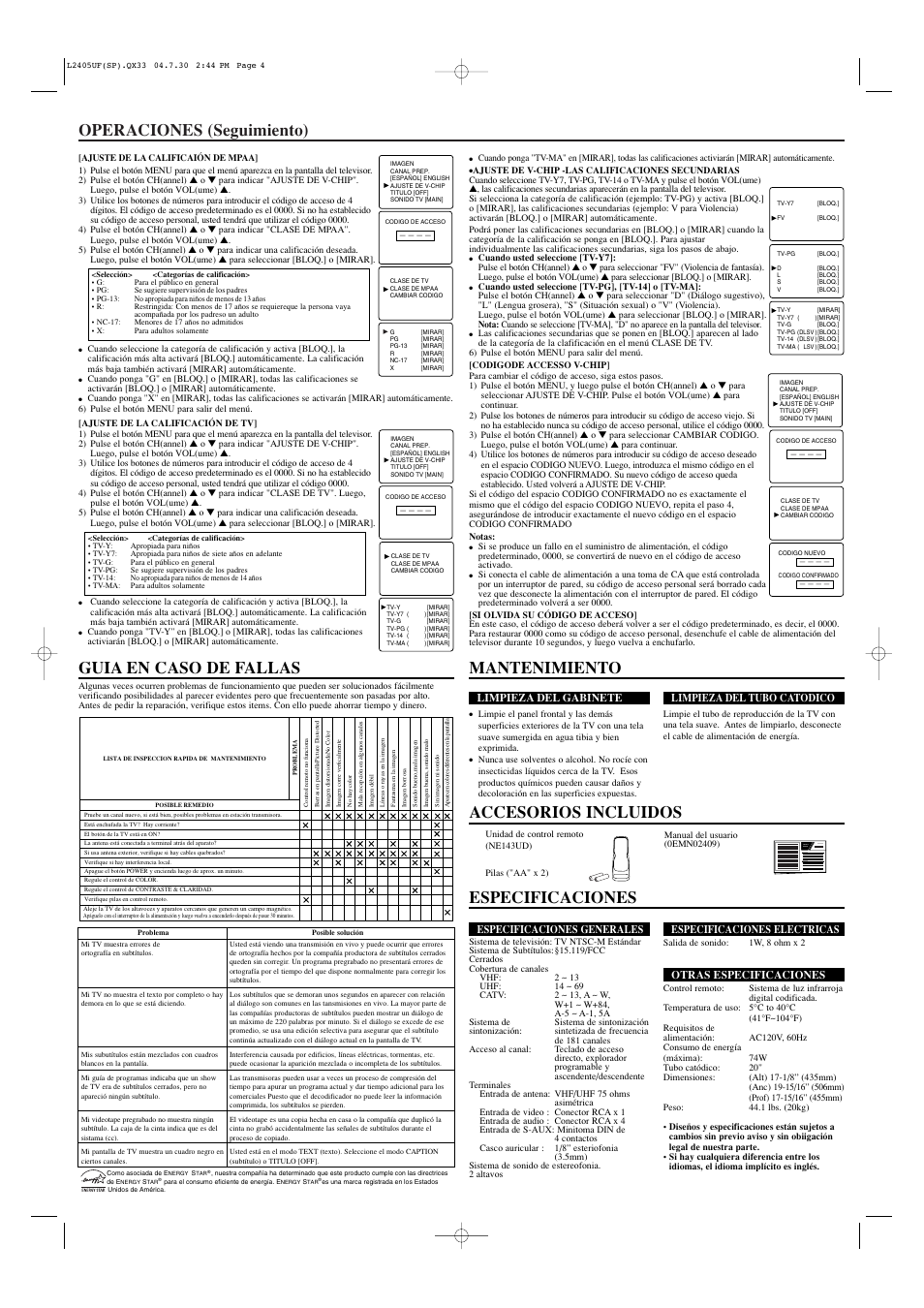 Operaciones (seguimiento), Especificaciones, Owner’s manual | Sylvania SRT2420P User Manual | Page 8 / 8