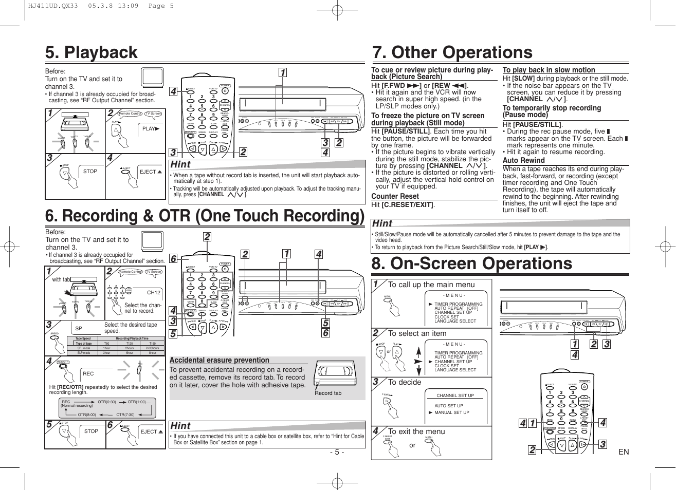 On-screen operations, Recording & otr (one touch recording), Playback | Other operations, Channel, Hint | Sylvania 6260VF User Manual | Page 5 / 8