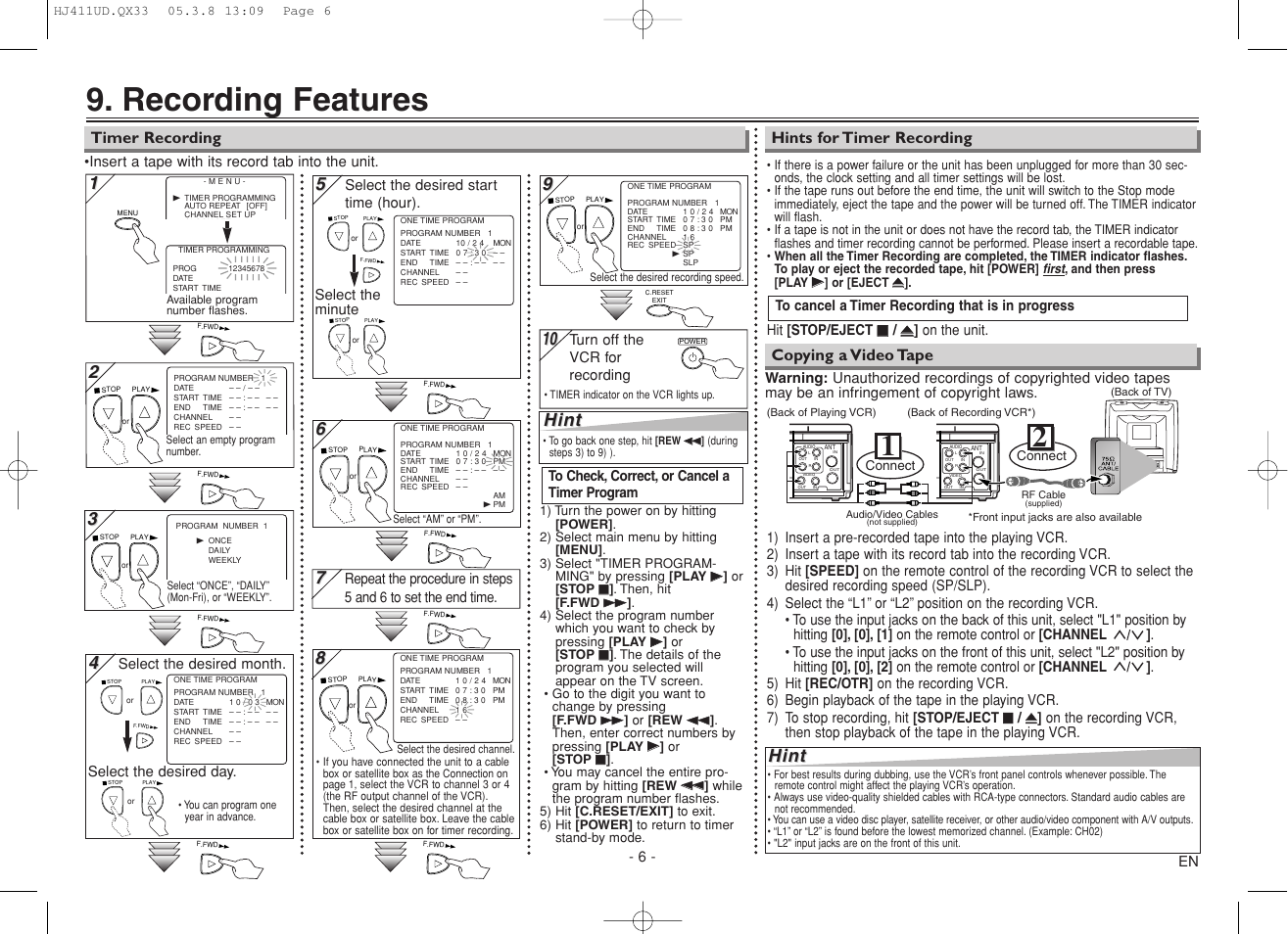 Recording features, Hint | Sylvania 6260VF User Manual | Page 6 / 8