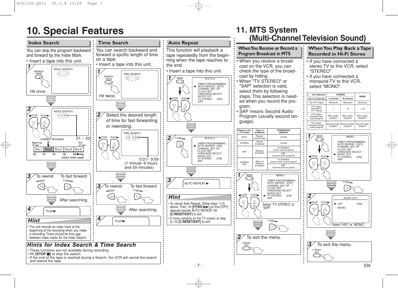 Special features, Mts system (multi-channel television sound), Hints f | Hint, Time search index search auto repeat | Sylvania 6260VF User Manual | Page 7 / 8