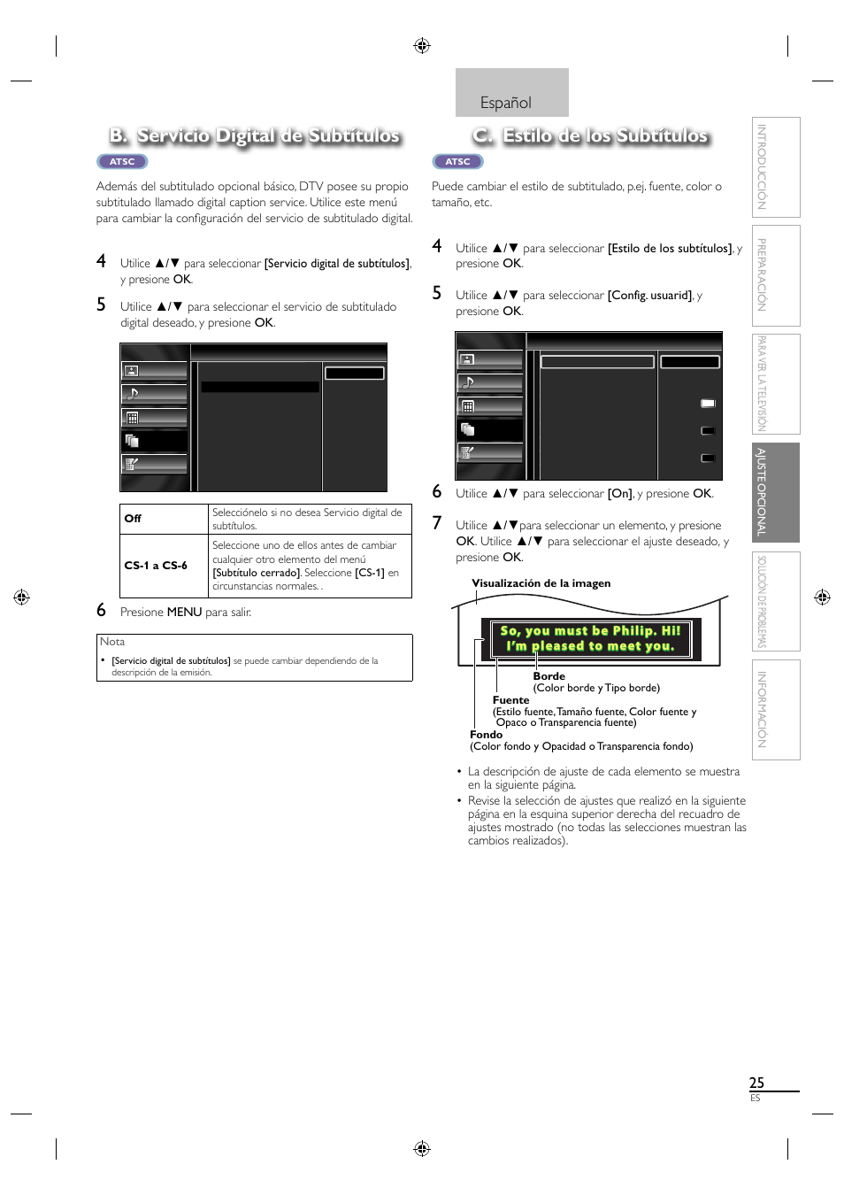 B. servicio digital de subtítulos, C. estilo de los subtítulos, Español | Sylvania LC320SL1 User Manual | Page 107 / 120