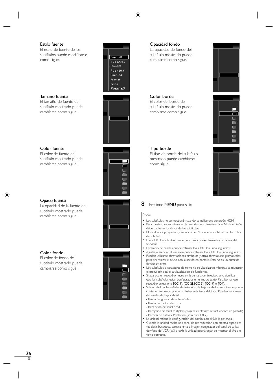Estilo fuente, Tamaño fuente, Color fuente | Opaco fuente, Color fondo, Opacidad fondo, Color borde, Tipo borde | Sylvania LC320SL1 User Manual | Page 108 / 120