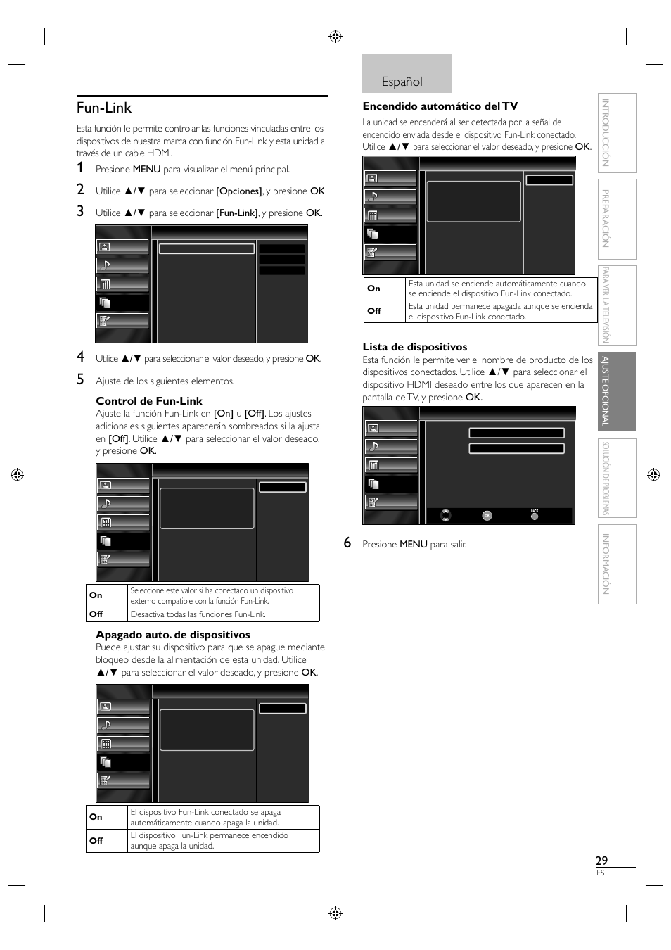 Fun-link, Español, Control de fun-link | Apagado auto. de dispositivos, Encendido automático del tv, Lista de dispositivos | Sylvania LC320SL1 User Manual | Page 111 / 120