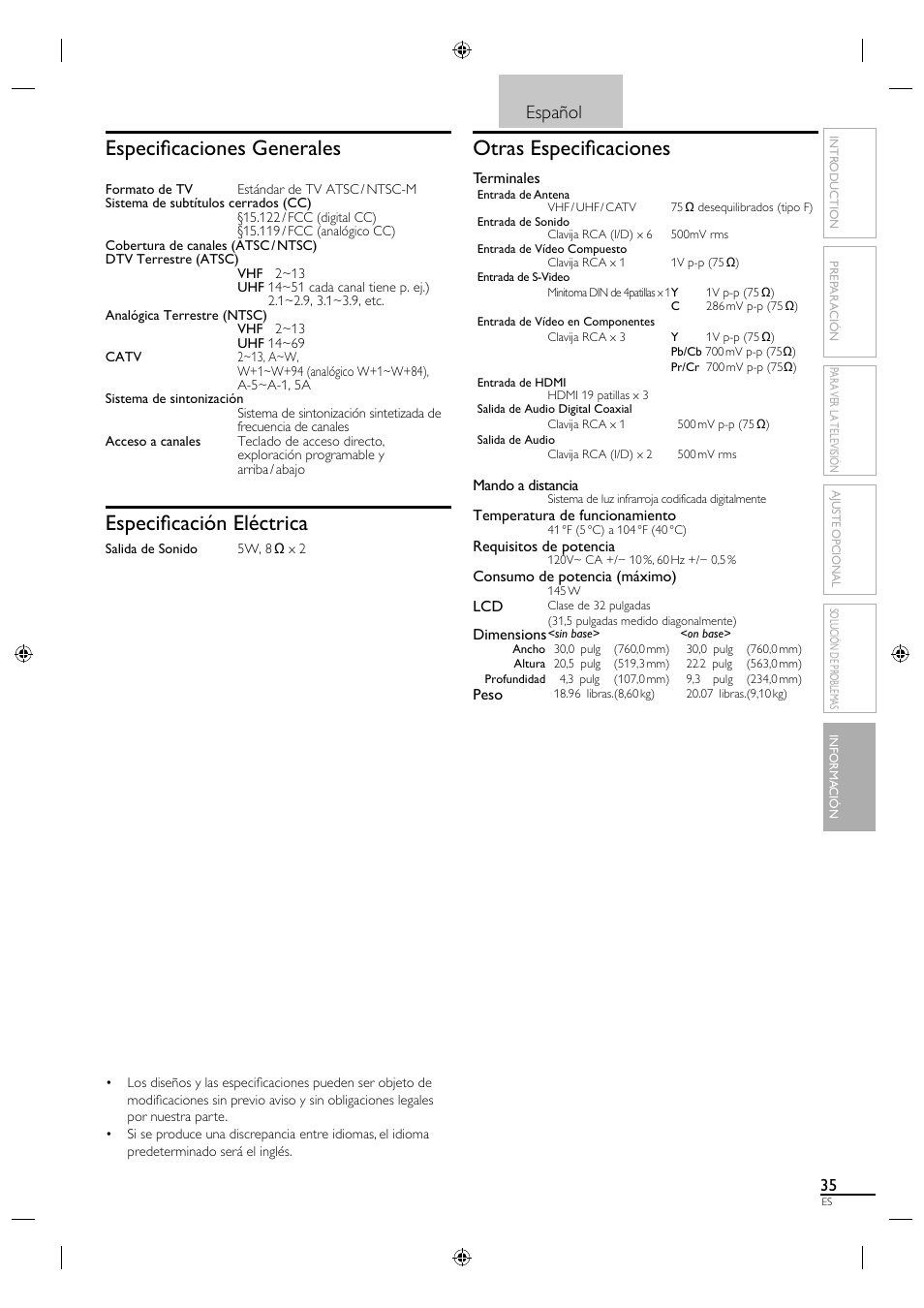 Especifi caciones generales, Especifi cación eléctrica, Otras especifi caciones | Español, Terminales, Mando a distancia, Temperatura de funcionamiento, Requisitos de potencia, Consumo de potencia (máximo), Dimensions | Sylvania LC320SL1 User Manual | Page 117 / 120