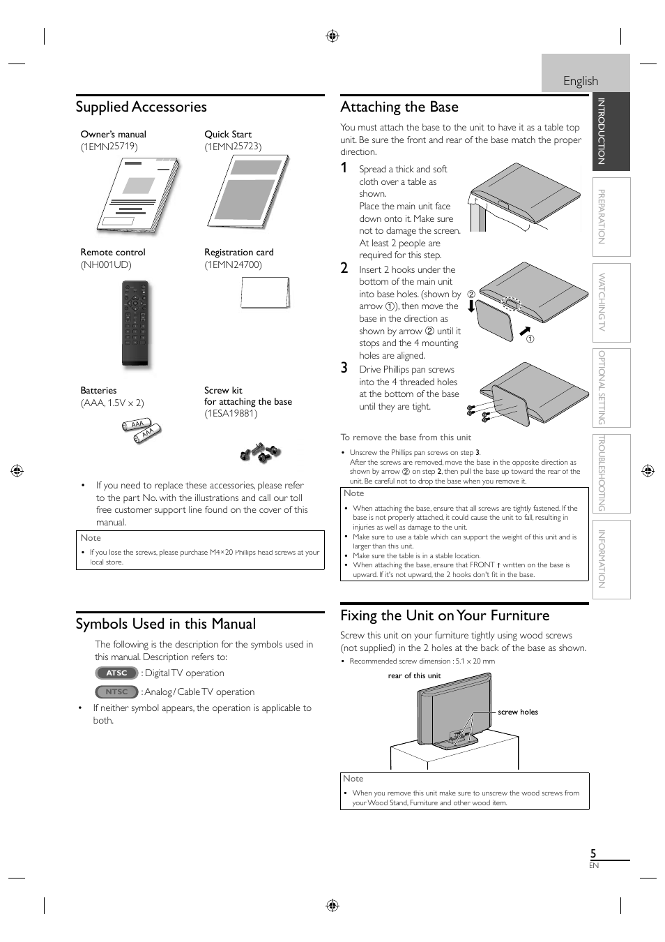 Supplied accessories, Symbols used in this manual, Attaching the base | Fixing the unit on your furniture, English | Sylvania LC320SL1 User Manual | Page 13 / 120