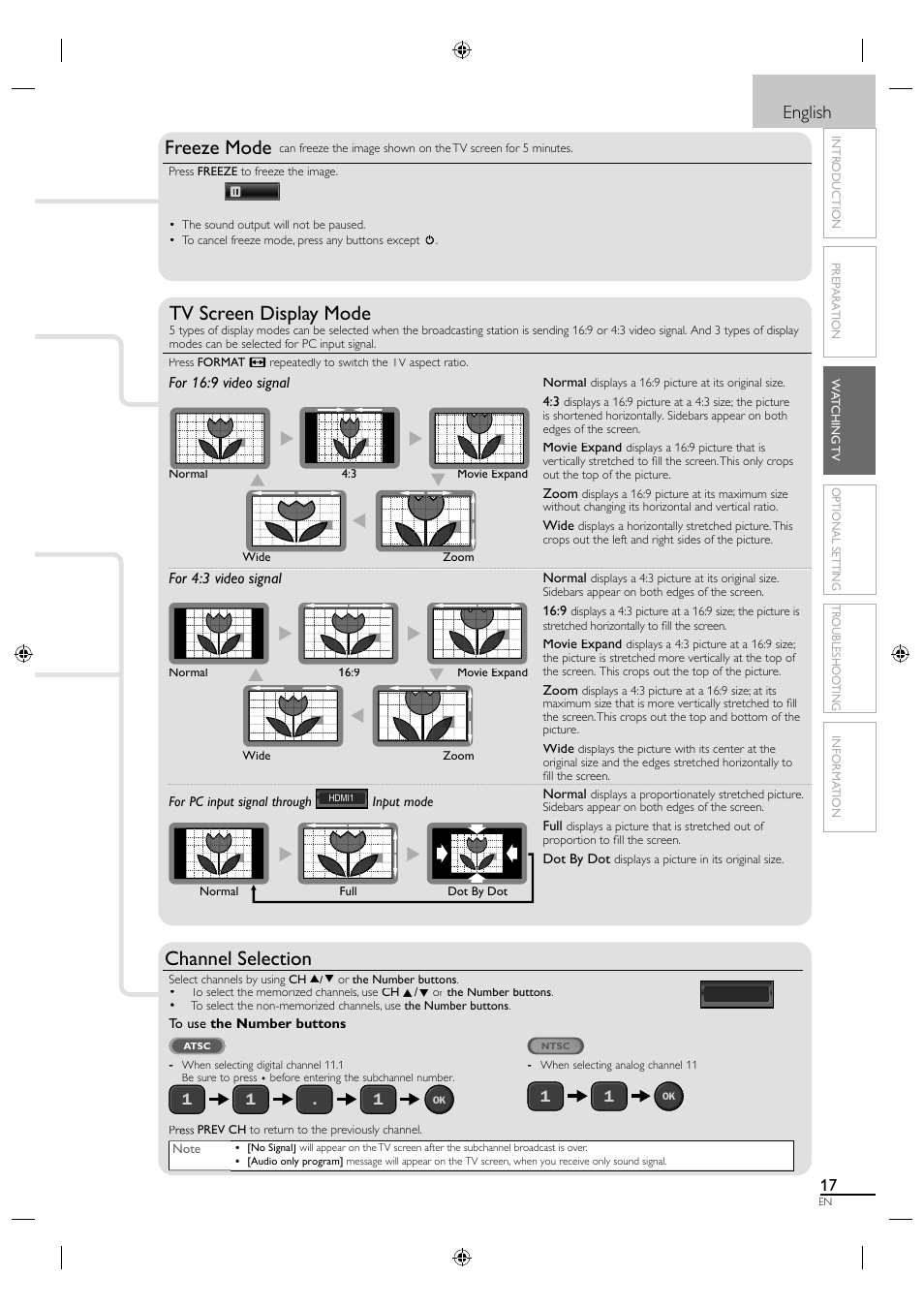 Freeze mode, Tv screen display mode, Channel selection | English | Sylvania LC320SL1 User Manual | Page 25 / 120