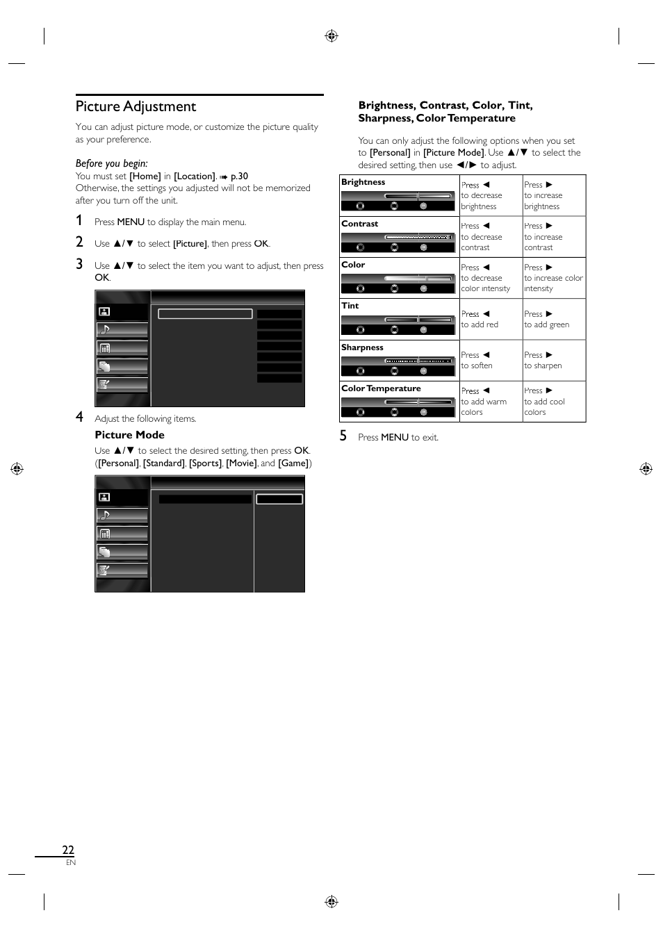 Picture adjustment, Before you begin, Picture mode | Sharpness, color temperature | Sylvania LC320SL1 User Manual | Page 30 / 120