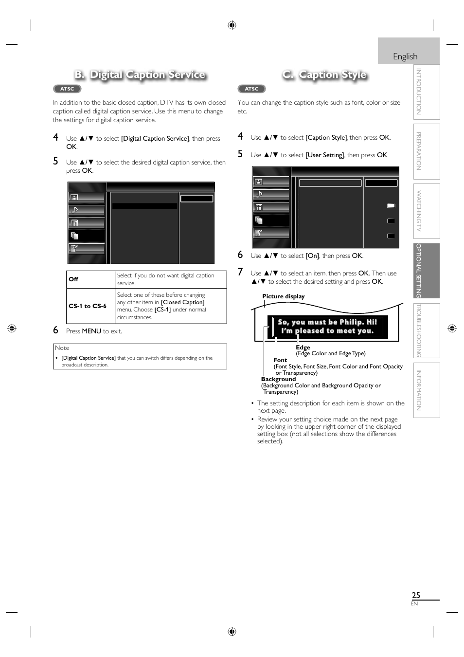 B. digital caption service, C. caption style, English | Sylvania LC320SL1 User Manual | Page 33 / 120