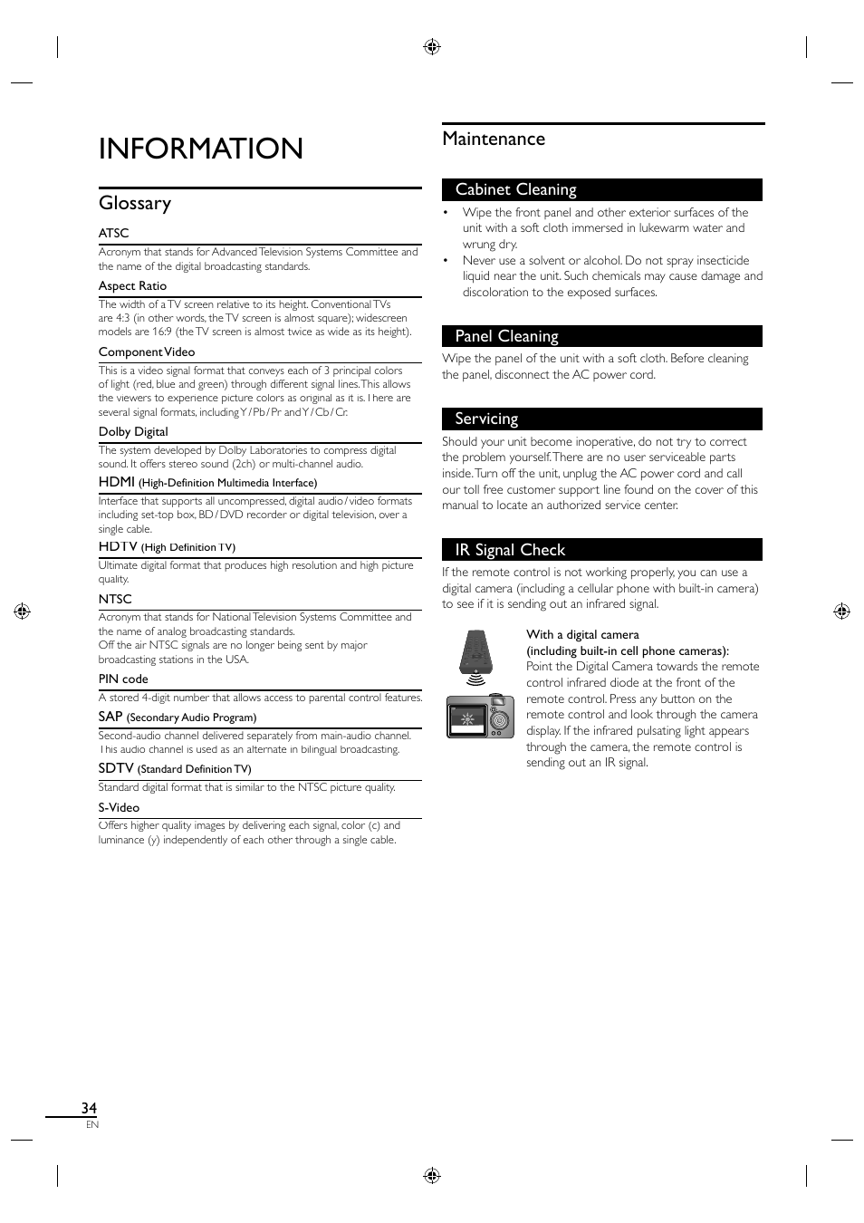 Information, Glossary, Maintenance | Cabinet cleaning, Panel cleaning, Servicing, Ir signal check | Sylvania LC320SL1 User Manual | Page 42 / 120