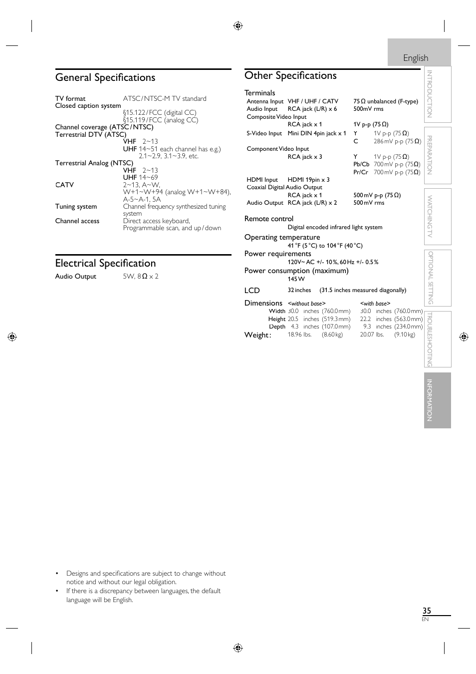 Other specifi cations, General specifi cations, Electrical specifi cation | English | Sylvania LC320SL1 User Manual | Page 43 / 120