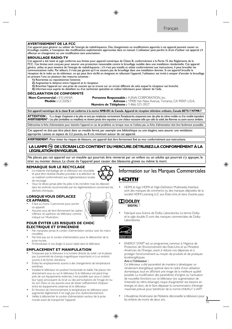 Information sur les marques commerciales, Français | Sylvania LC320SL1 User Manual | Page 48 / 120