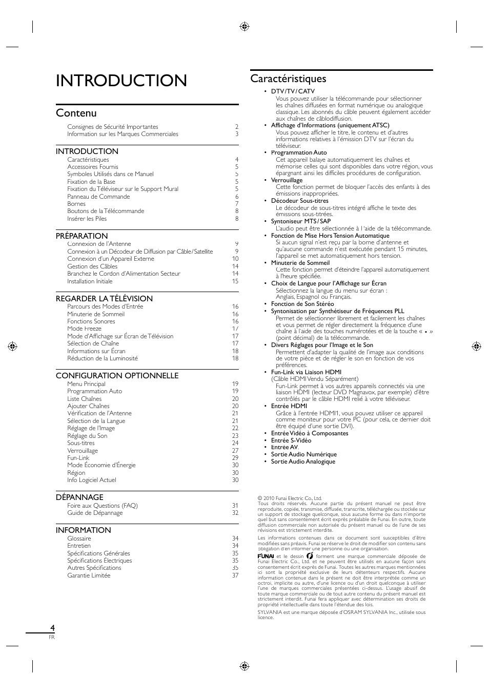 Introduction, Contenu, Caractéristiques | Préparation, Regarder la télévision, Configuration optionnelle, Dépannage, Information | Sylvania LC320SL1 User Manual | Page 49 / 120