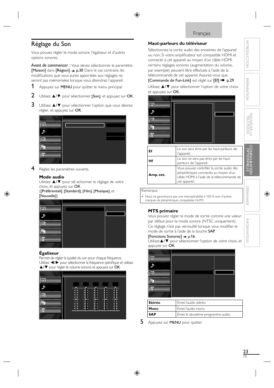Réglage du son, Français, Avant de commencer | Mode audio, Égaliseur, Haut-parleurs du téléviseur, Mts primaire | Sylvania LC320SL1 User Manual | Page 68 / 120