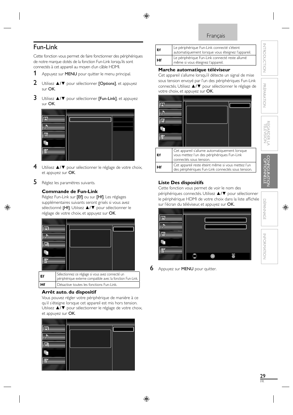 Fun-link, Français, Commande de fun-link | Arrêt auto. du dispositif, Marche automatique téléviseur, Liste des dispositifs | Sylvania LC320SL1 User Manual | Page 74 / 120